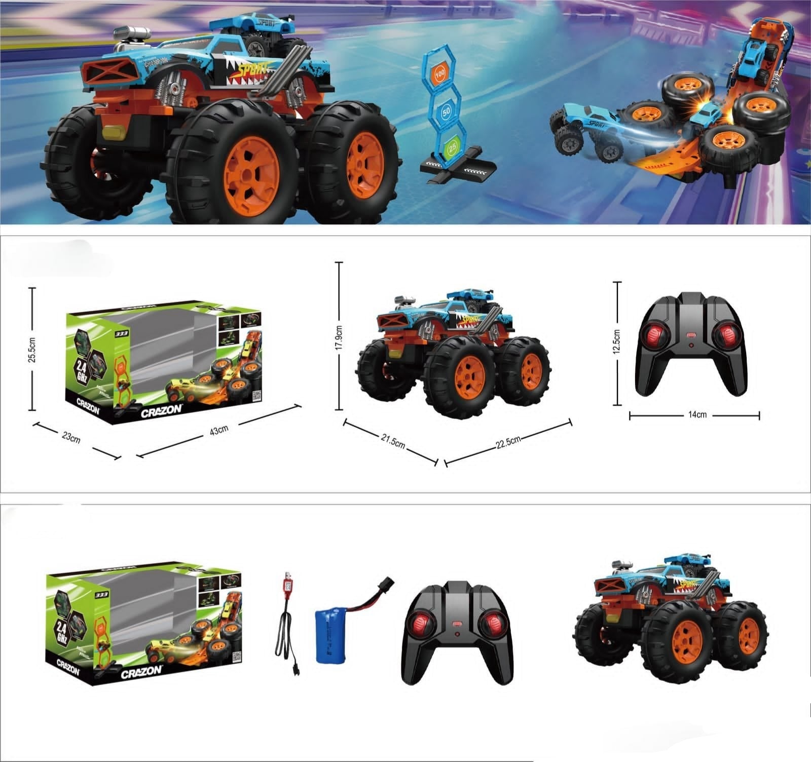 RC 2-in-1 Monster Launcher Track 333-TS251401  1:16 360° Flips 60min Play Kids