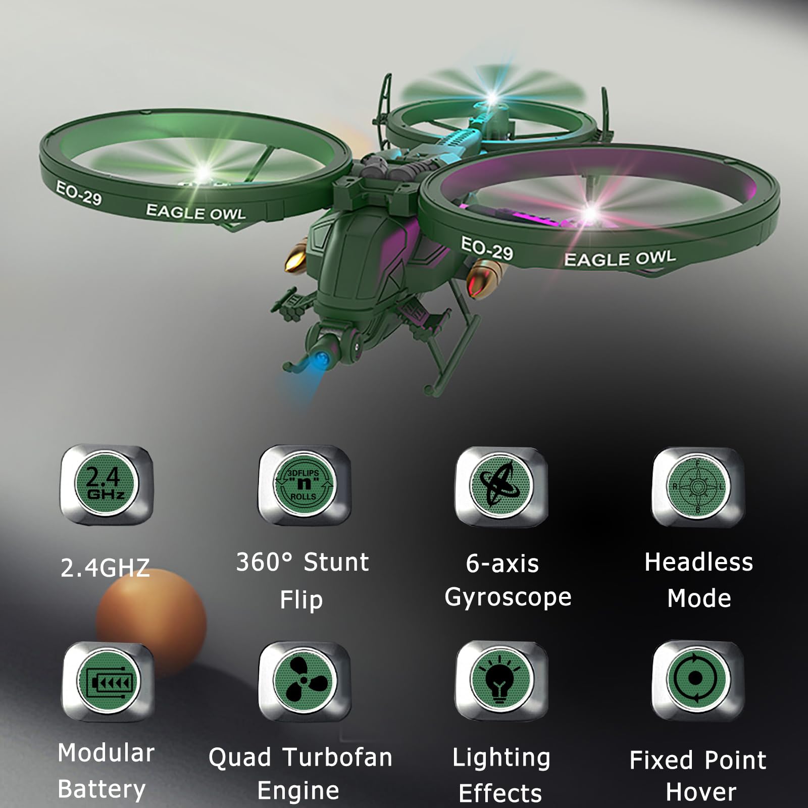 EO-29 Eagle Owl 6-Channel Fighter RC Drone with LED Lights