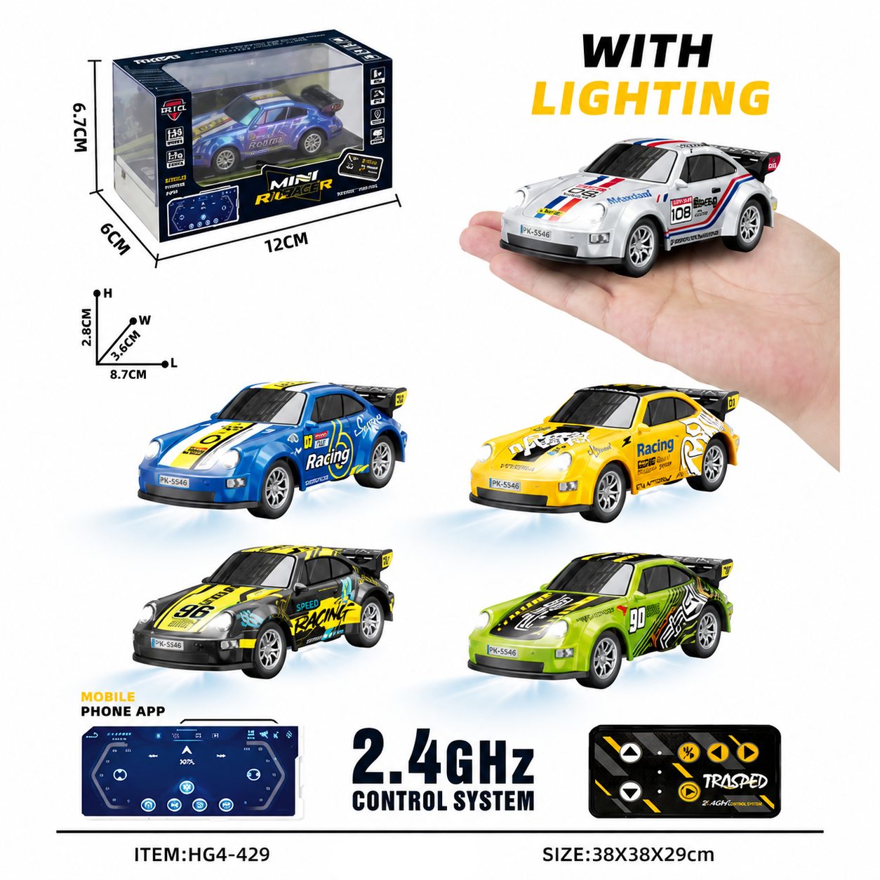 TRASPED HG4-429 1:64 Porsche-Style Mini RC Car — App + 2.4GHz, Alloy Body, LED — 1:64 scale