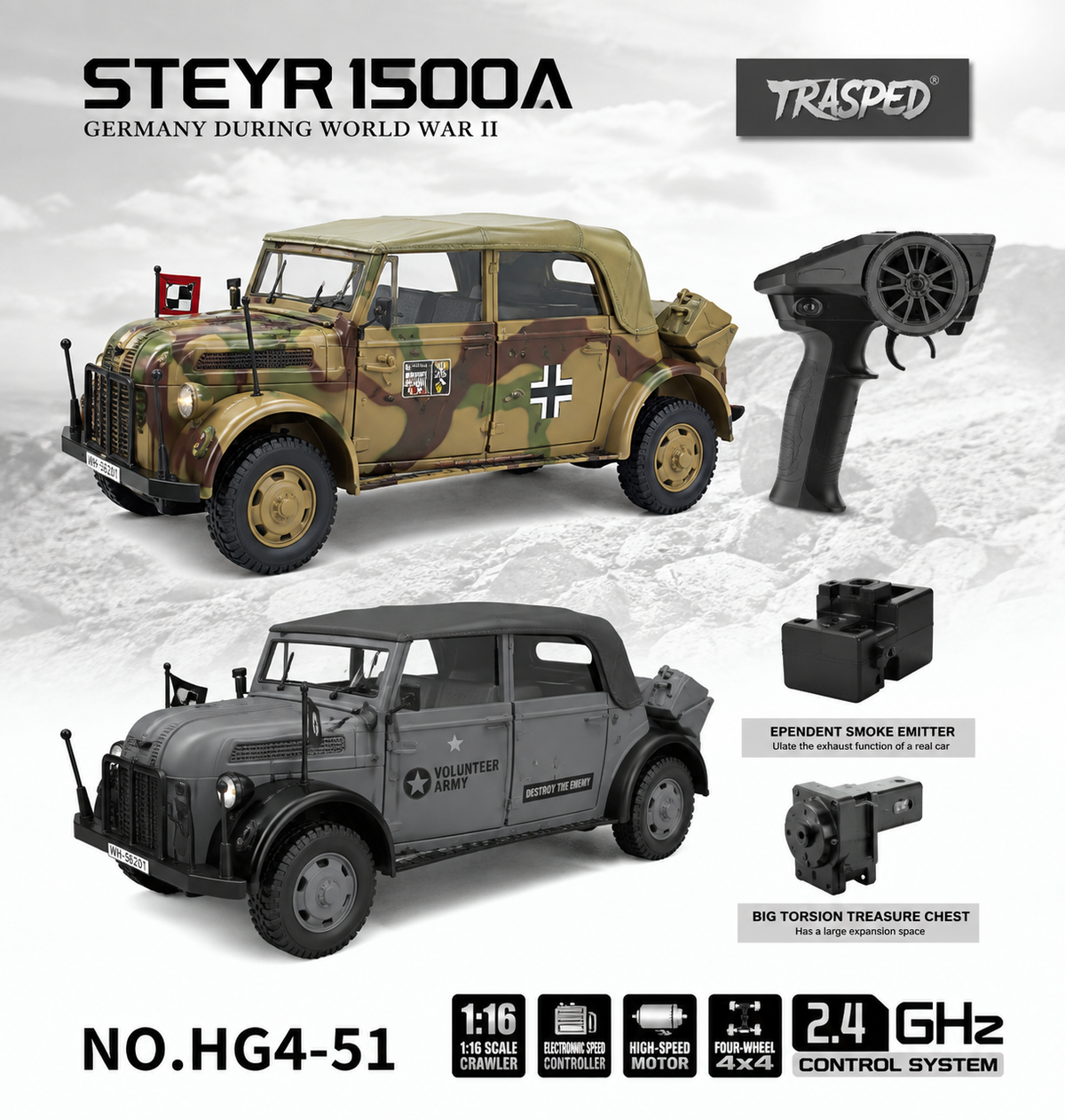 HG4-51 Steyr 1500A 1:18 4WD RC crawler with LED lights