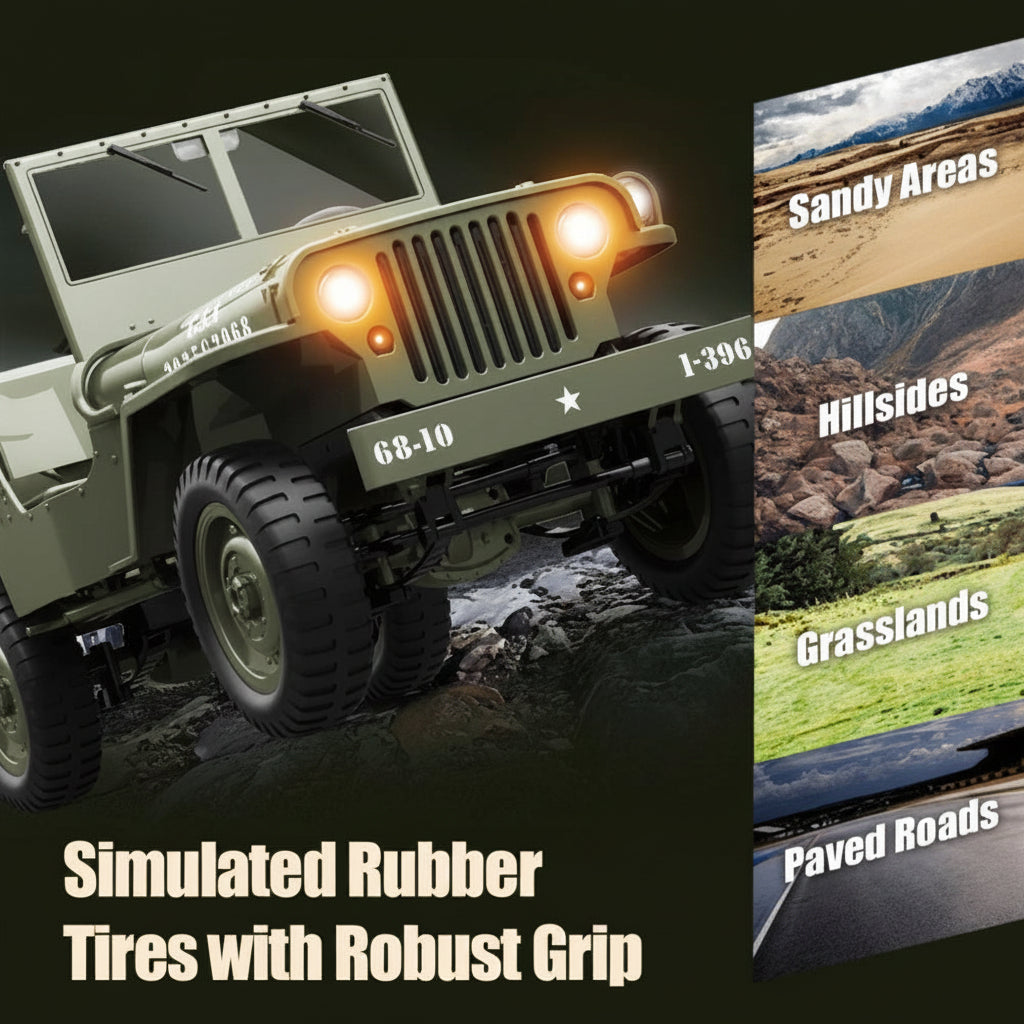 JJRC C8815 1:10 Willys Military Jeep 4WD RC Crawler — Full Lights, Working Steering Wheel (RTR) — LED head/tail/indicators + searchlight
