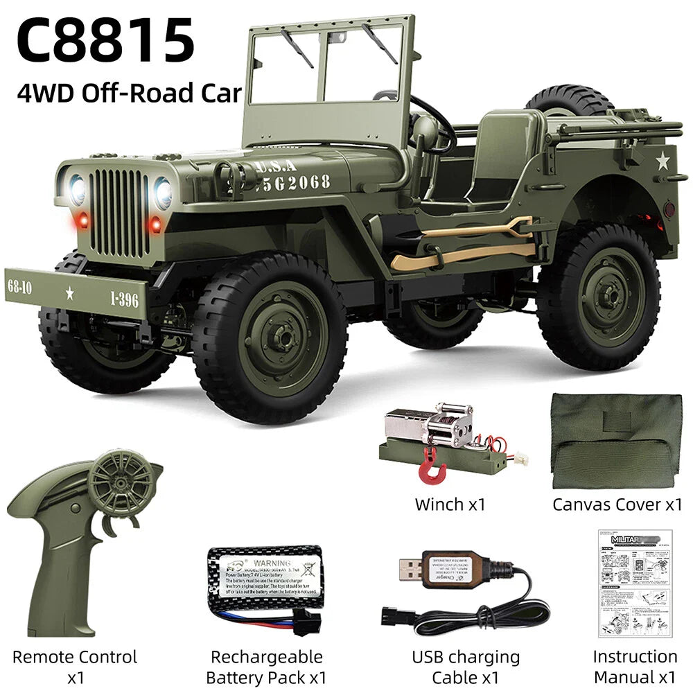 JJRC C8815 1:10 Willys Military Jeep 4WD RC Crawler — Full Lights, Working Steering Wheel (RTR)
