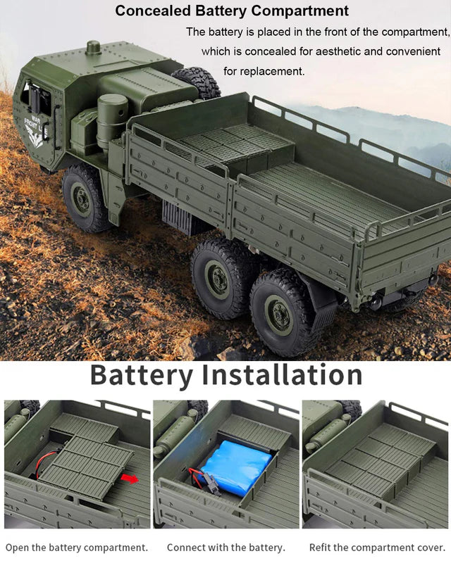 JJRC Q75 1:16 6WD RC Military Transport Truck — Triple Diffs, LED (RTR) — 6WD — six driven wheels