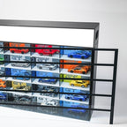 Multi-level LED display garage for die-cast vehicle collection.