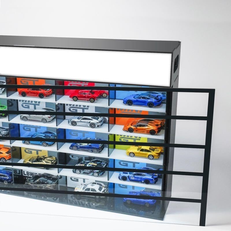 Multi-level LED display garage for die-cast vehicle collection.